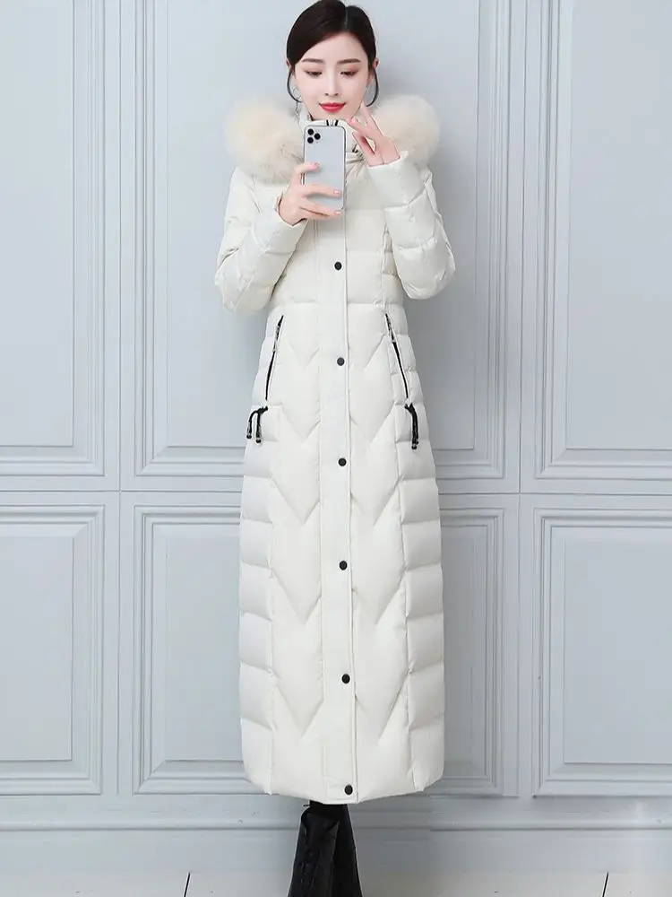 New Women Winter Down Coat Fashion Thicken Warm Real Fox Fur Collar Lengthened Down Jacket Detachable Hooded Slim Overcoat