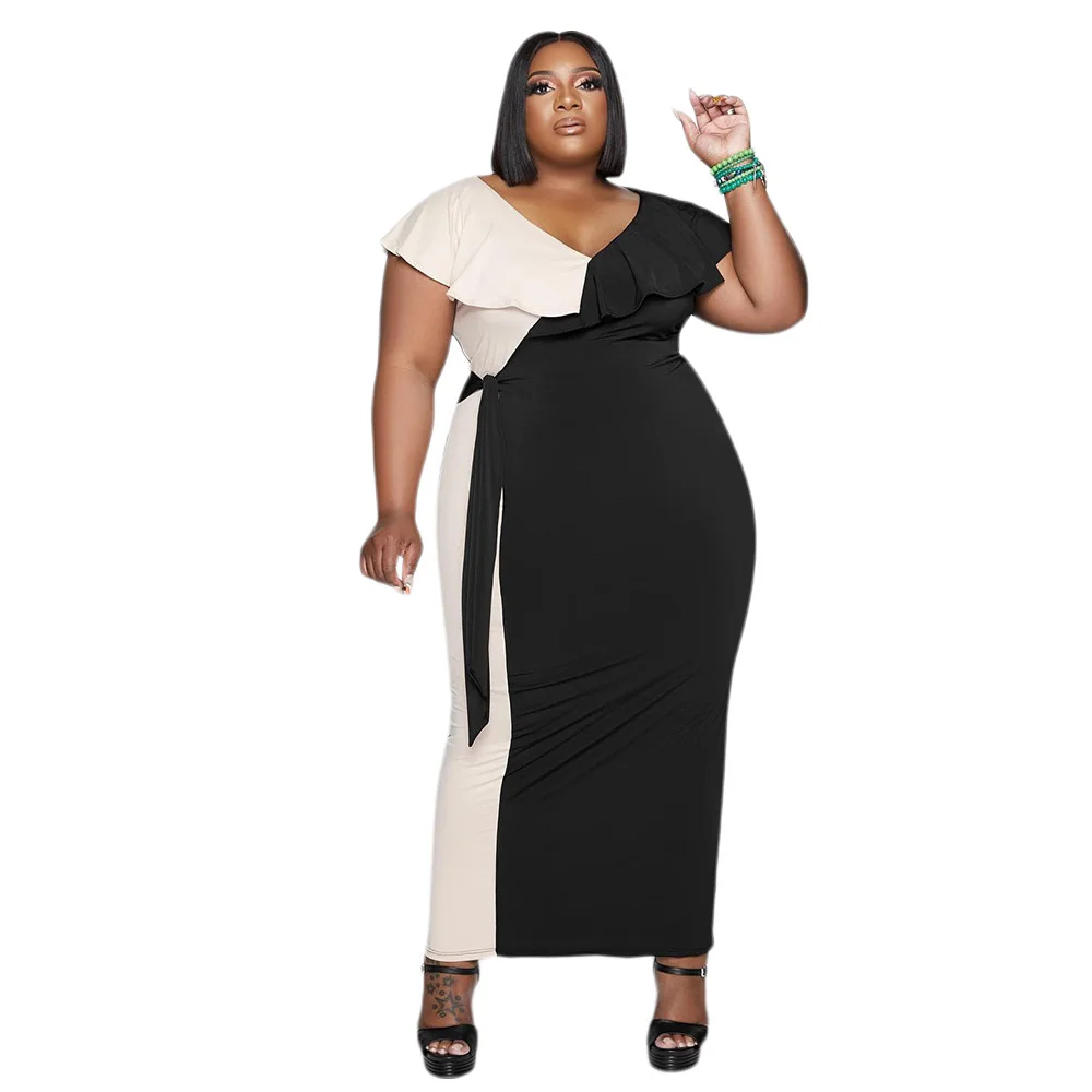 Plus Size Fashionable New Women's Casual Ruffle Collar Color Contrast Sleeveless Lace Dress V-Neck Wrapped Hip Slim Fit Dress