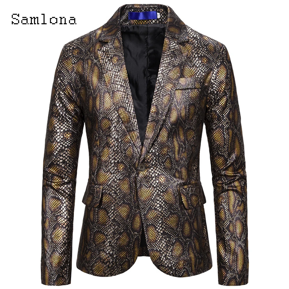 

Samlona 2022 New Vintage Blazers Sexy Snakeskin Print Jackets Mens Fashion Single Button Jacket Men Slim Fits Pocket Blazers