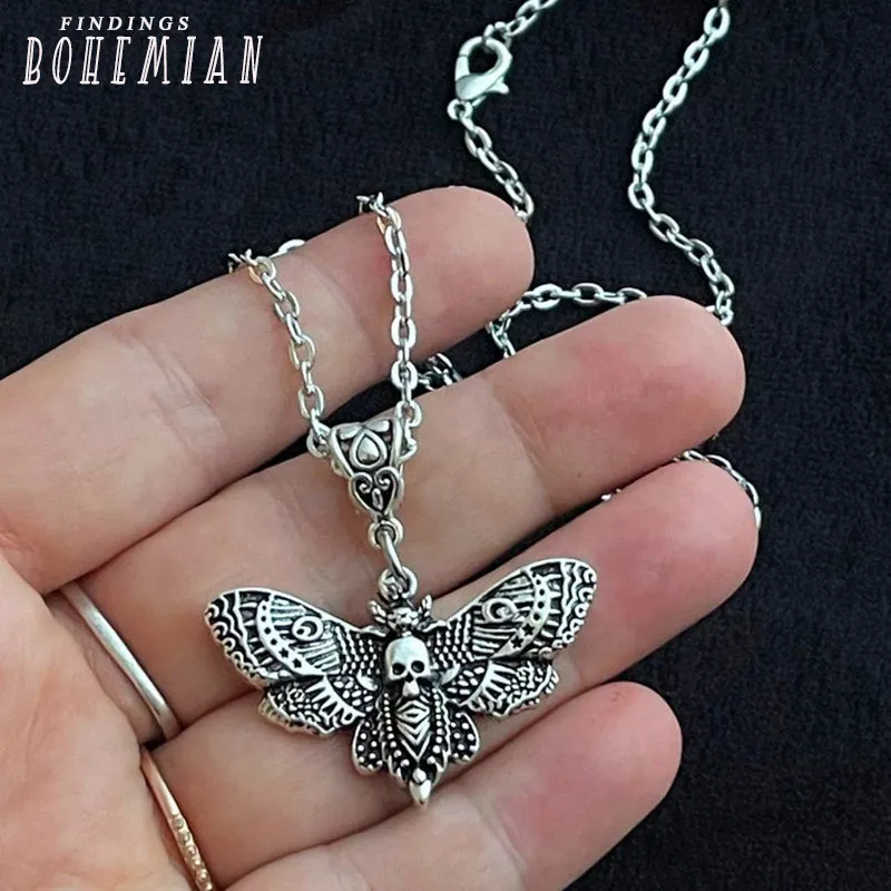 

Death Moth Necklace Pendant 18inch Chain Sugar Skull Gothic Butterfly Rock Emo Goth Silver Color 18inch Strong Chain