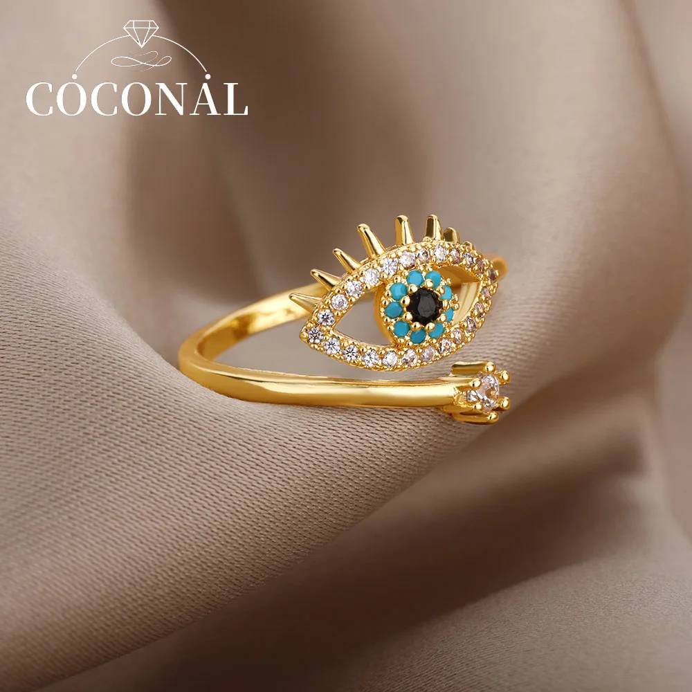 

COCONAL Lucky Turkish Blue Evil Eye Rings For Women Adjustable Stainless Steel Couple Ring Trendy Wedding Couple Jewelry Gift