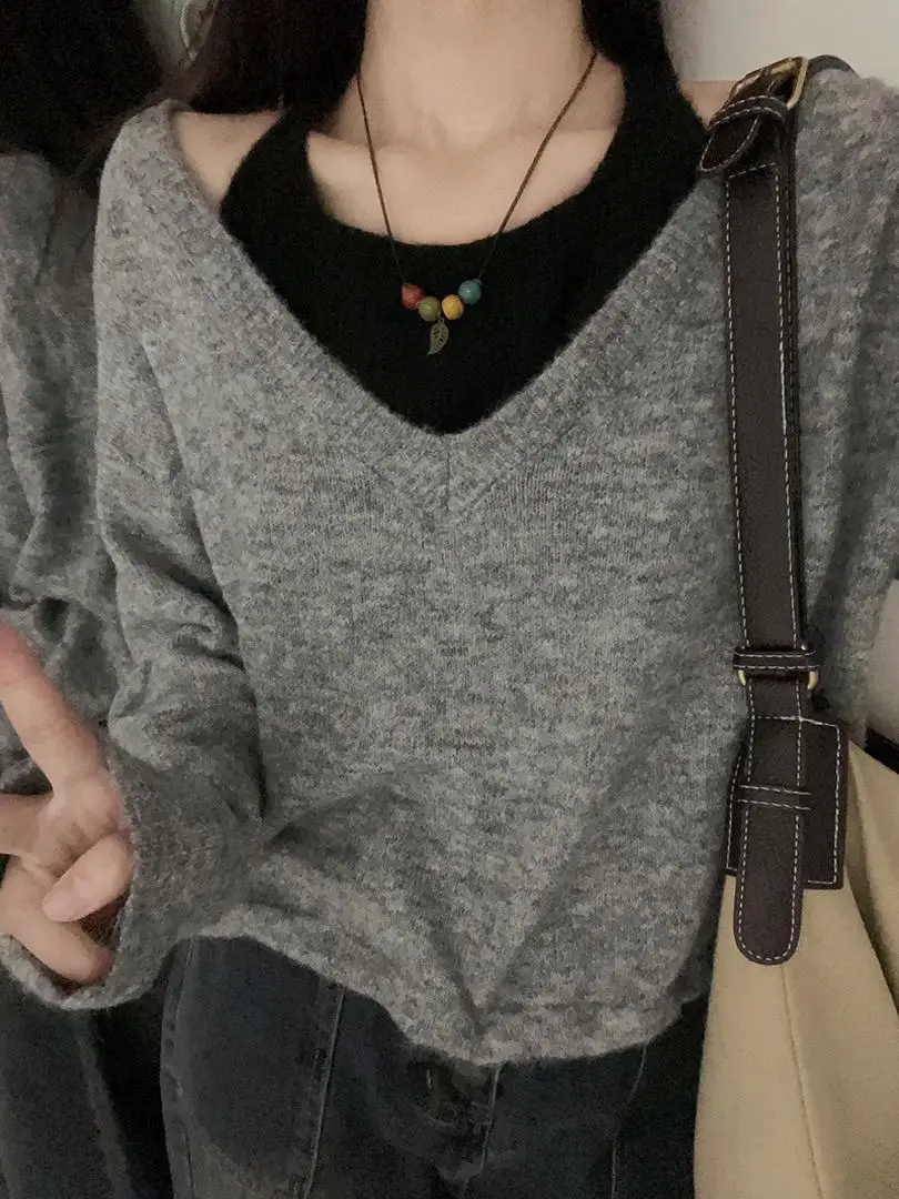 Американский винтажный свитер с v-образным вырезом искусственный из двух