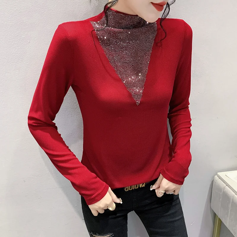 

#8181 Black Red Yellow Brown Turtleneck T Shirt Women Diamonds Sexy Tight T-shirt Long Sleeve Korean Style Slim Basic Tshirt