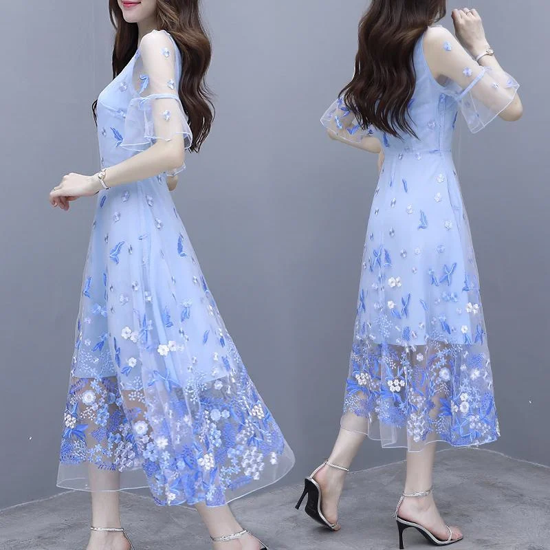 

Women Embroidery Medium long Dress 2023 New Super Fairy Long Fairy Skirt Summer Western Style High-end Mesh Skirt A Word Dress