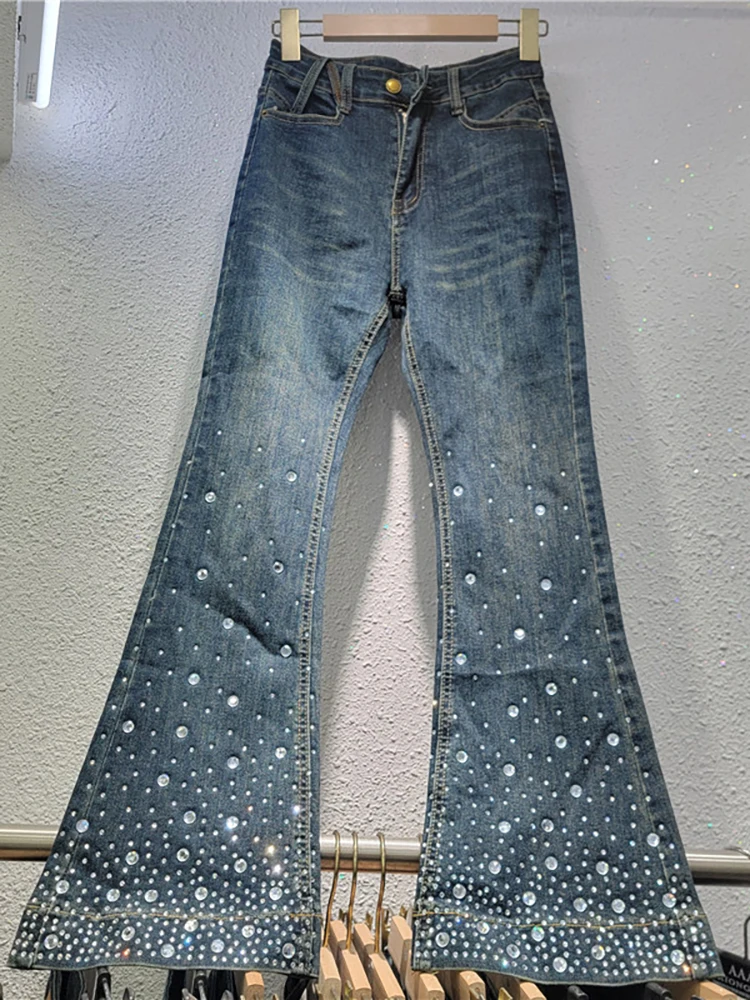 DEAT женские джинсы с высокой талией тонкие эластичные брюки-клеш со стразами