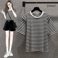 ehqaxin 2022 new ladies striped short sleeve t shirt summer casual loose versatile short sleeve grace tops for female m 4xl