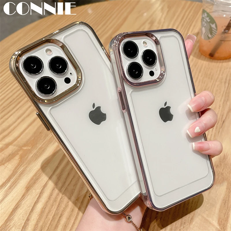 

Luxury Plating Transparent Hard Acrylic Case for iPhone 13 12 11 Pro Max X XR XS 7 8 Plus SE3 Clear Shockproof Soft Bumper Cover