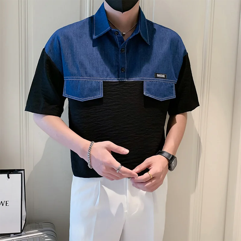 

Summer Spliced Hit Color Short Sleeve Men Polo T Shirts Denim Fashion Casual Harajuku 2xl Oversized Tops Tee Black White Office