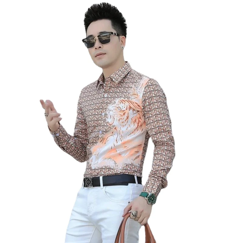 Spring and Autumn Men's Long -shirt Shirt, Lapel Single Chest Buckle, Tiger Printing Letter Pattern, Street Men's Clothing