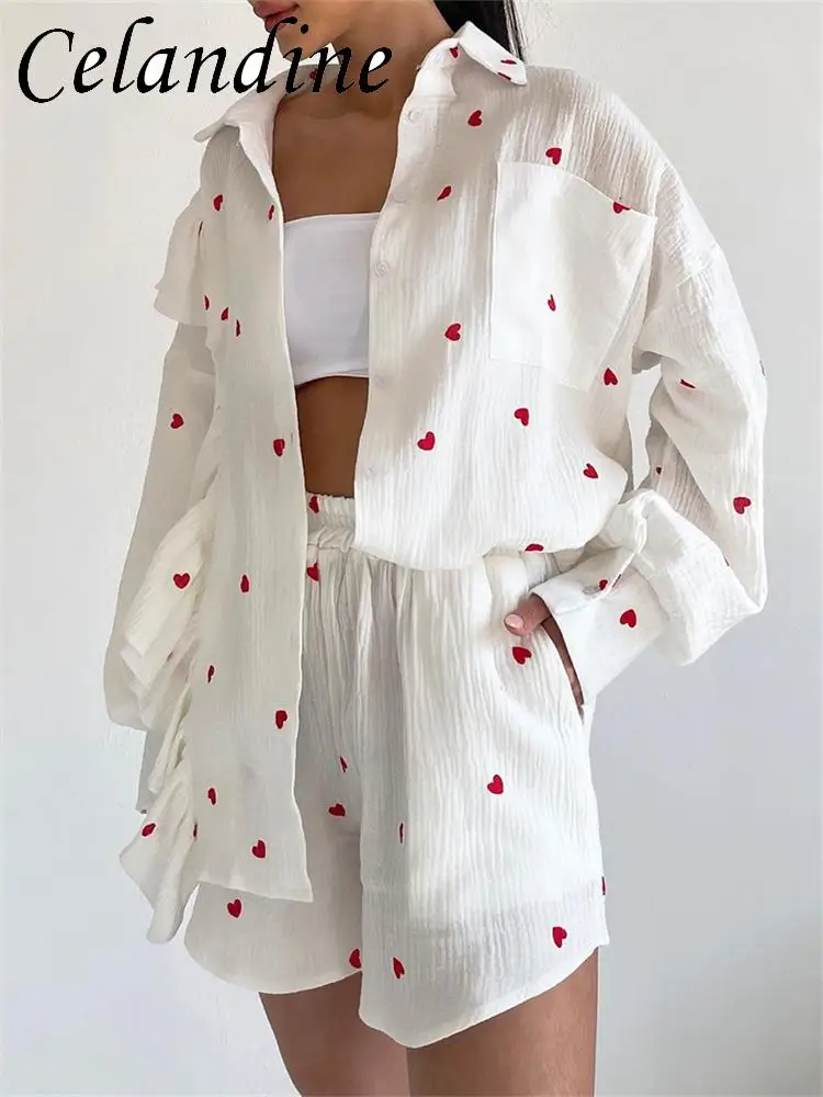 

Celandine 2023 Summer Autumn Casual Cotton Suit Office Lady Long Sleeve Loose Top Shirt + Shorts 2 Piece Set Print Women Outfits