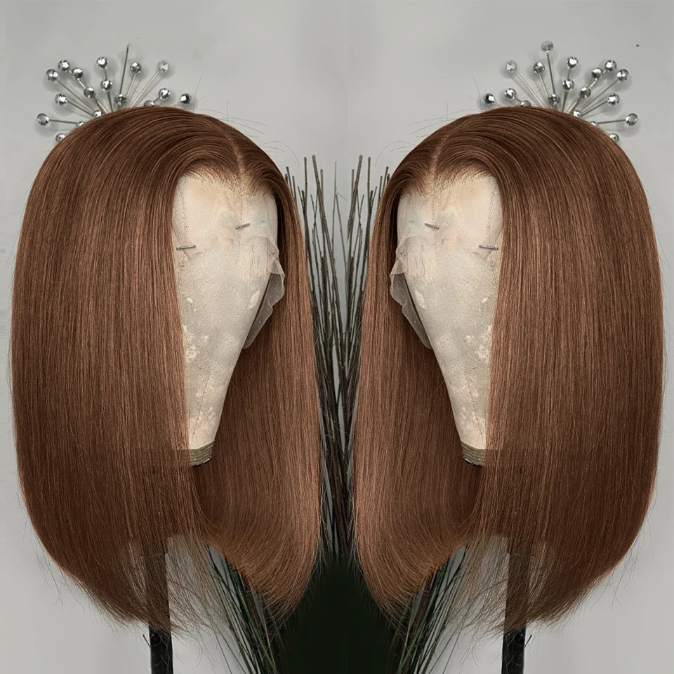 Chocolate Brown Short Bob Wigs 13x4 Bone Straight Lace Front Wigs For Women Brazilian Lace Frontal Human Hair Wigs Pre Plucked