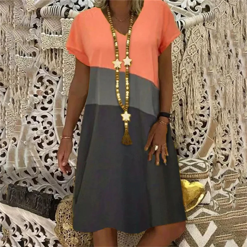 

Vintage V-Neck Striped Party Dress Women Spring Summer Short Sleeve Dress Elegant Plus Size Patchwork Casual Dresses