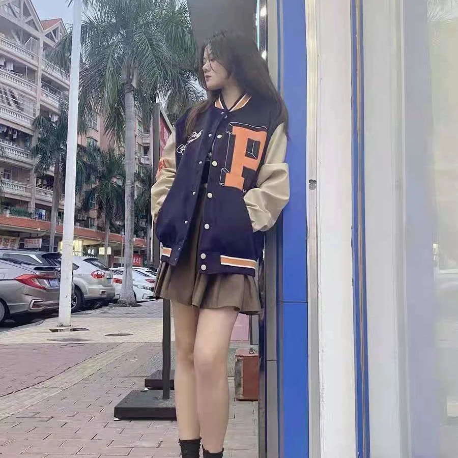 Куртка Женская бейсбольная модный бомбер контрастных цветов в стиле колледжа