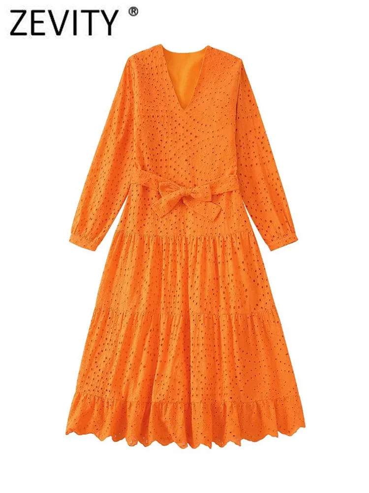 

Zevity женское винтажное платье миди с V-образным вырезом, вышивкой и вышивкой, женское шикарное плиссированное платье на молнии с бантом и поя...