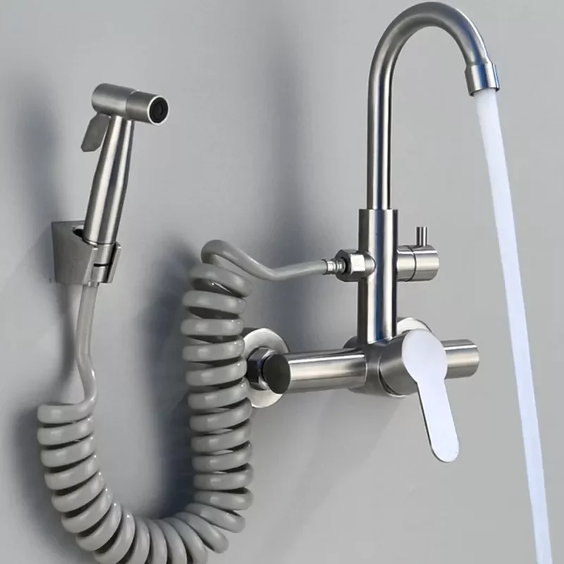 

Wall Mount Kitchen Sink Faucet 304 Stainless Steel Hot Cold Mixer Crane Tap Rotation with Bidet ​Faucet Dual Holes