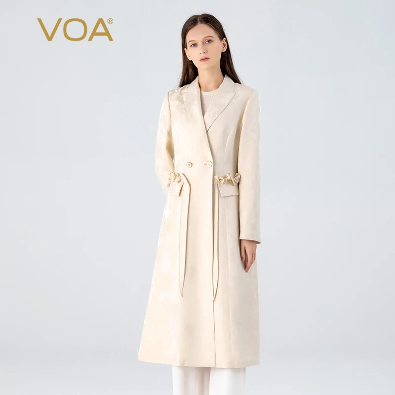 

VOA 38 Momme Heavyweight Jacquard Silk Suit Collar Long Sleeve Trench Coat Double Breasted Lace-up Long Windbreaker Coat FE363