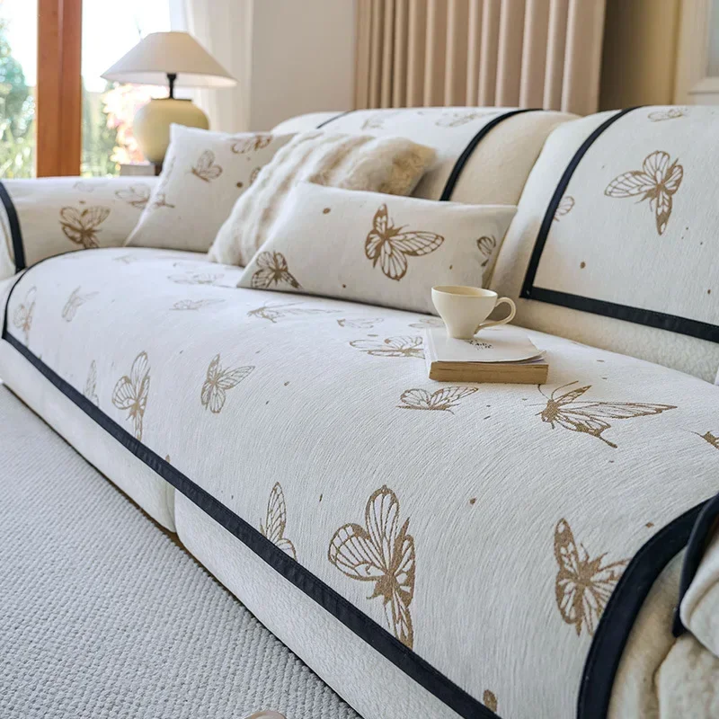 Modern Chenille Sofa Cover Butterfly Embroidery Cushion Four Season Universal Couch Mat Living Room Anti-slip