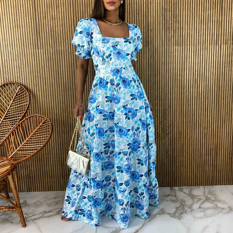 

Женское длинное платье с квадратным вырезом и цветочным принтом