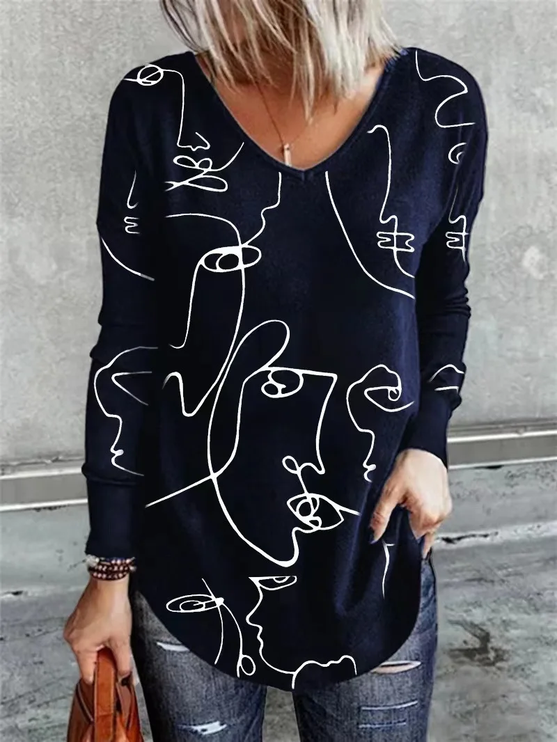 

New Autumn Long Spring Women T Shirts Fashion Abstract Face Print Women Clothes Casual Comfortable Base Shirt Tops Mujer