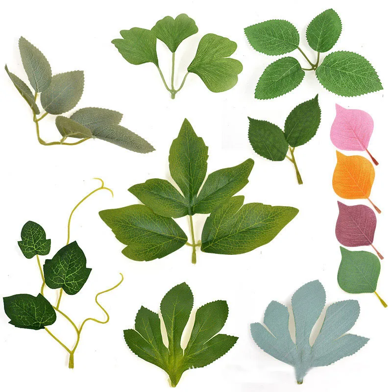 

100pcs Artificial Plant Leaf Rose Poeny Apple Leaf Christmas Plants tropic Wedding Birthday Home Decor DIY handcraft gift pack