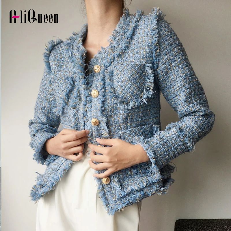 

Korean Blue Tweed Jacket Autumn Winter Womens Jacket Coat Classic Ladies Tassel Braided Woolen Outwear Thick Casual Woman Jacket