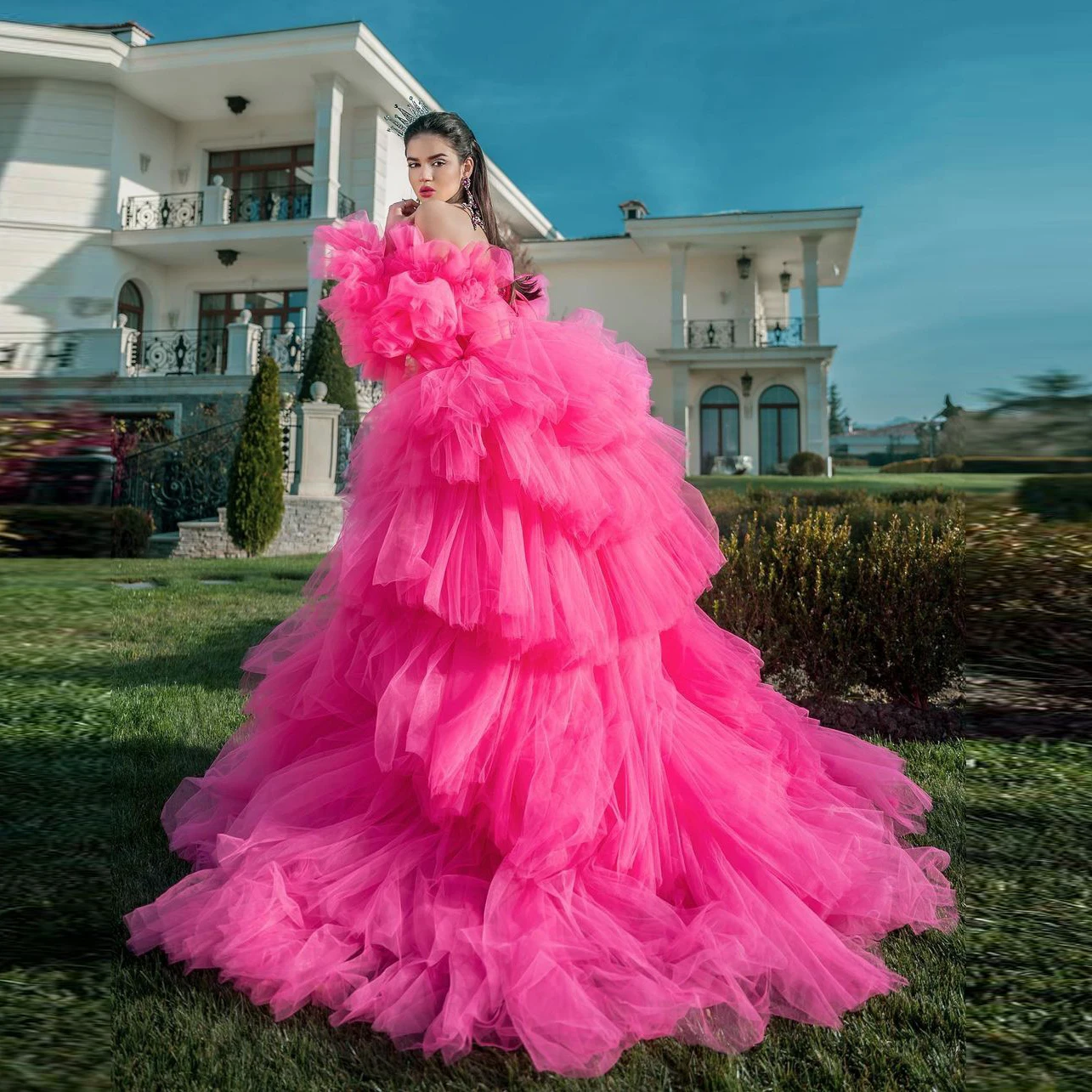 

Платье для выпускного вечера для фотосъемки, многослойное Длинное Пышное Платье на Одно Плечо, вечернее платье с пышными оборками, высокий ...