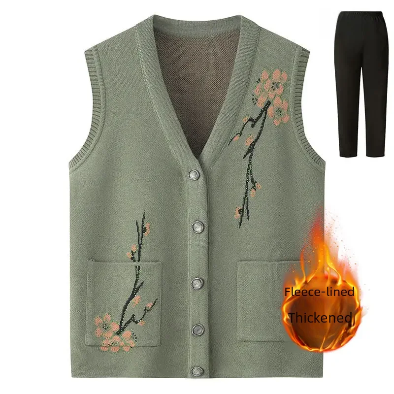 Warm Fleece-lined Sweater Vest For Elderly Women Mother's Attire Cardigan Jacket Old Lady Clothes