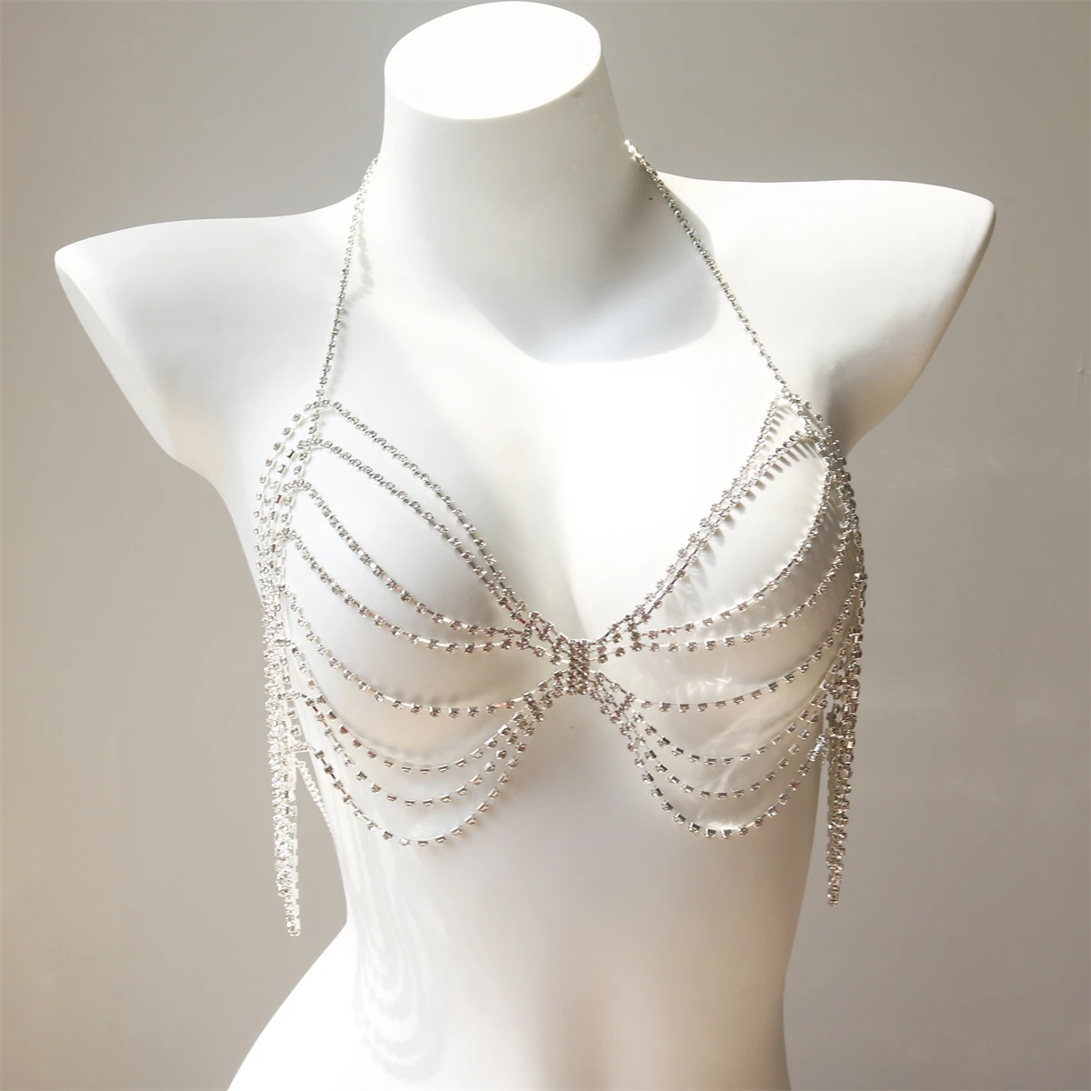 Серебряный Обтекаемый Простой Блестящий Бюстгальтер-бикини С Цепочкой Для Тела