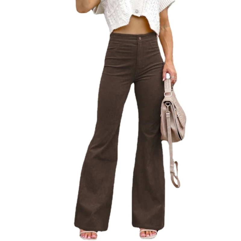 

Women Flared Pants High Waisted Flared Trousers Solid Color Casual Pants Eye-Catching Corduroy Pants Slim-Fit drop shipping