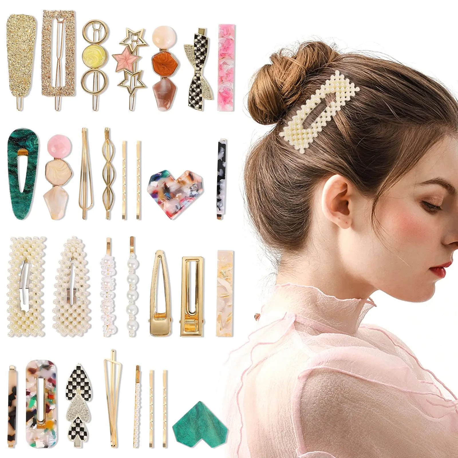 

30pcs Pearl Acetate Clips Metal Beaded Fashion Hair Pins Gold Wedding Valentine Day Gifts Toddler Girls Clips Set Accessories