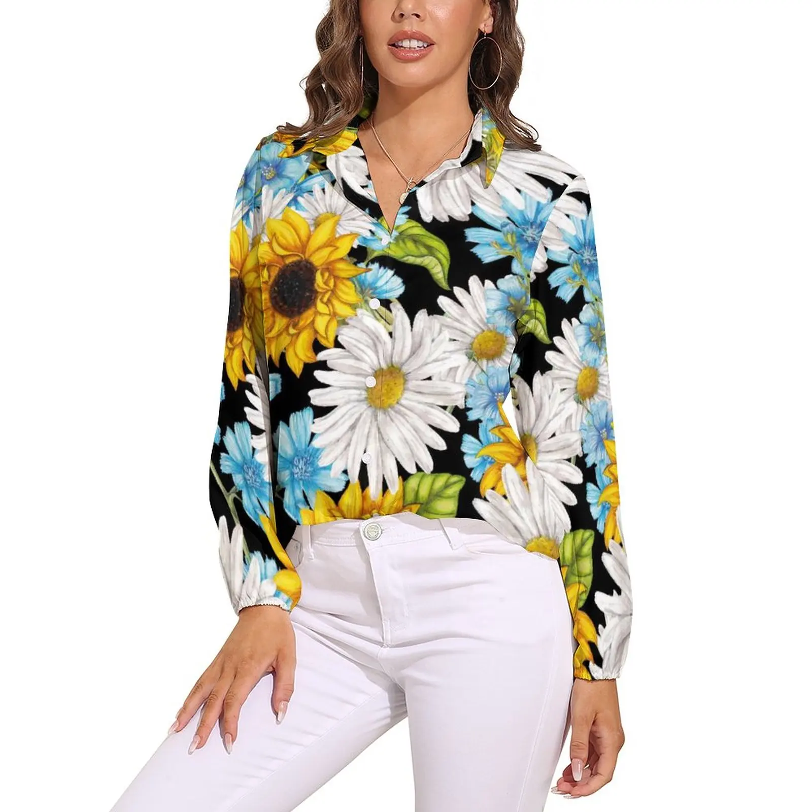 

Yellow Sunflower Art Blouse Women Colorful Floral Print Basic Loose Blouses Long-Sleeve Elegant Shirt Pattern Clothes Large Size