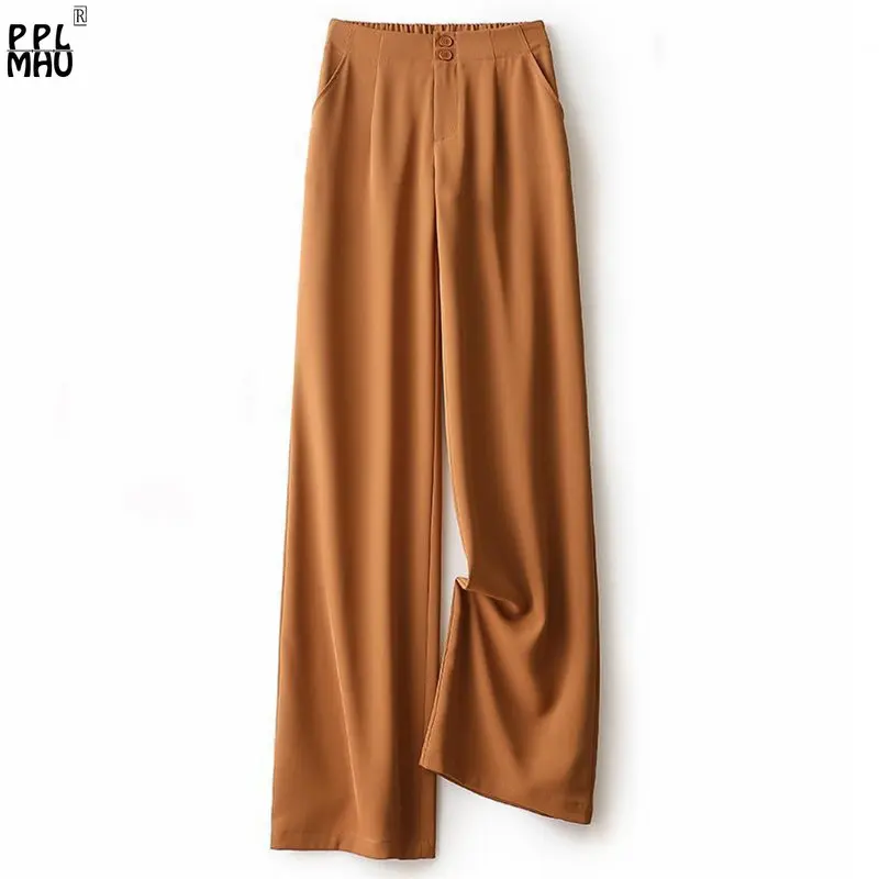 2023 Candy Color Pants Female Casual Loose Chiffon Straight Leg Pants Women Summer Elastic High Waist Wide Leg Suit Trousers