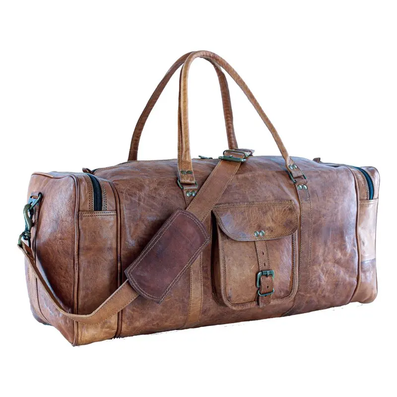 Leather duffel bag large 24 Inch Square Duffel Travel Gym Sports Overnight Weekender Leather Bag for men and women by Komal's Pa
