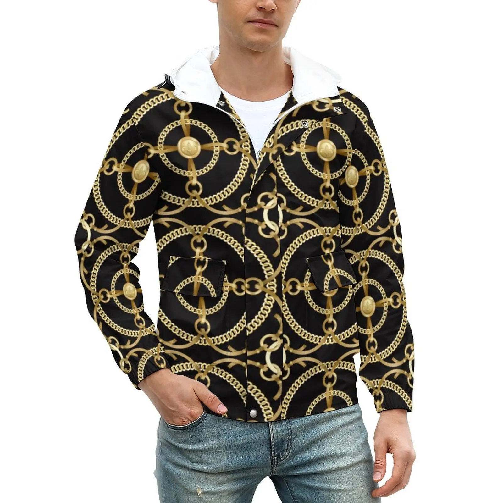 

Куртка мужская оверсайз на молнии, пальто с принтом золотистой цепочки, с графическим принтом, Повседневная Свободная ветровка, осень