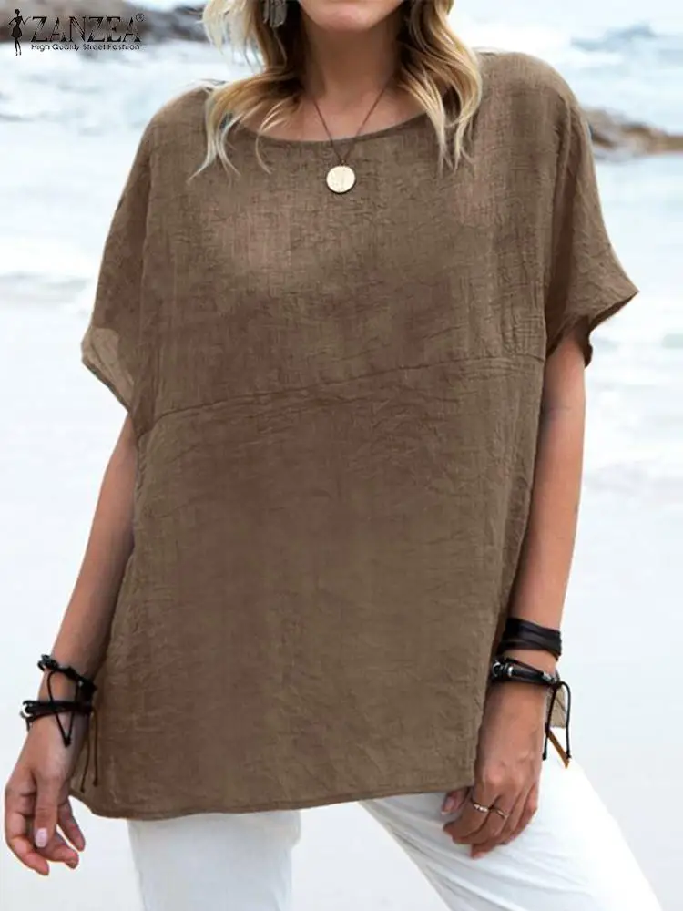 

ZANZEA Simple Summer Woman Blouse Solid Color Short Sleeve O-Neck Cotton T-Shirt Female Fashion Oversized Tops Streetwear 2022