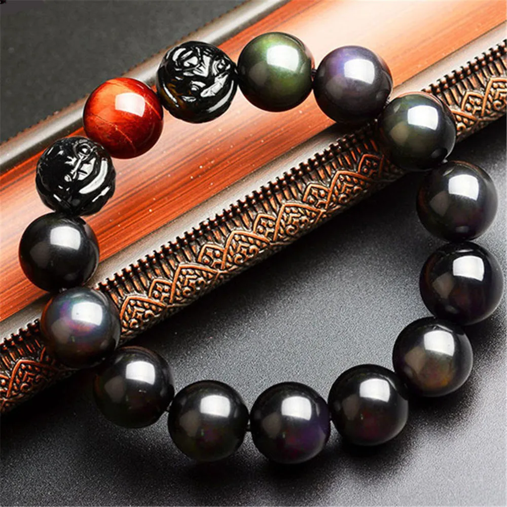 

Natural Obsidian Red Yellow Tiger Eye Stone Bracelet for Women in Charm Bracelets Hand Carved End Beads From Raw Ore 10-16mm