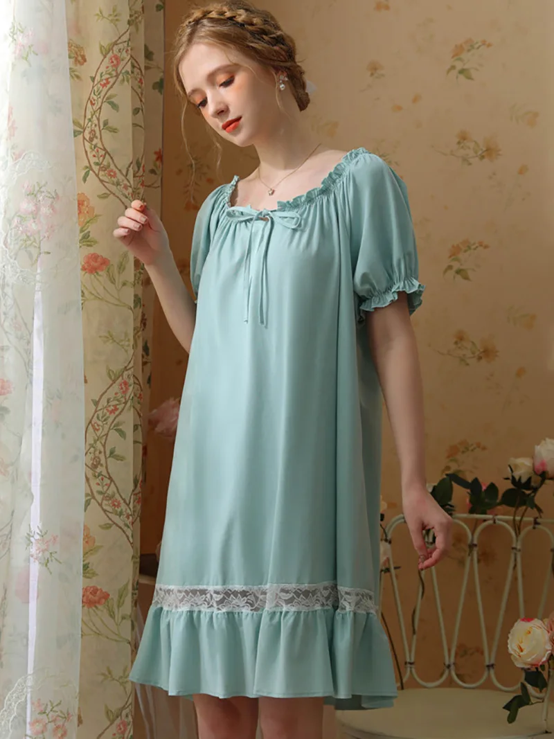Women Princess Nightdress Cotton Ruffles Sexy Sleepwear Vintage Victorian Nightgowns Sweet Girls Lace Fairy Pajamas Homewear