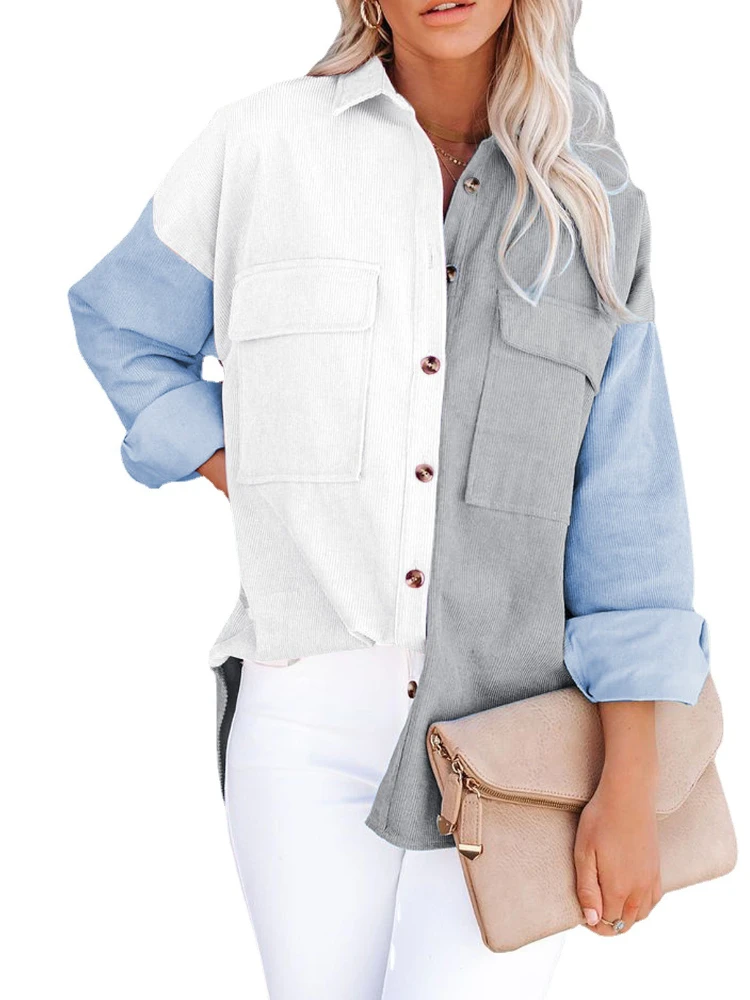 Женская Вельветовая рубашка на пуговицах свободная в контрастную клетку