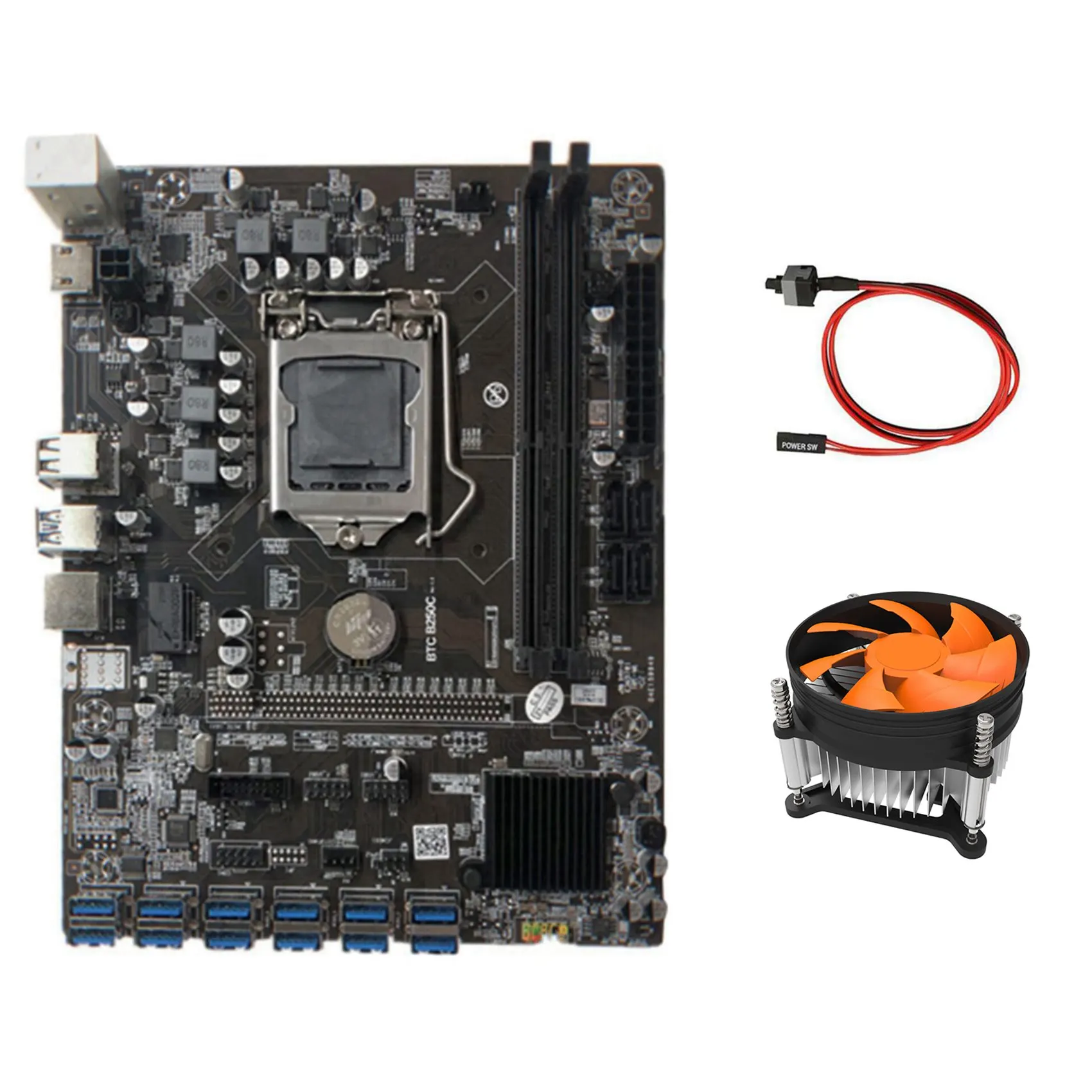 

BTC B250C Mining Motherboard with Cooling Fan+Switch Cable 12 PCIE to USB3.0 Graphics Card Slot LGA1151 Supports DDR4