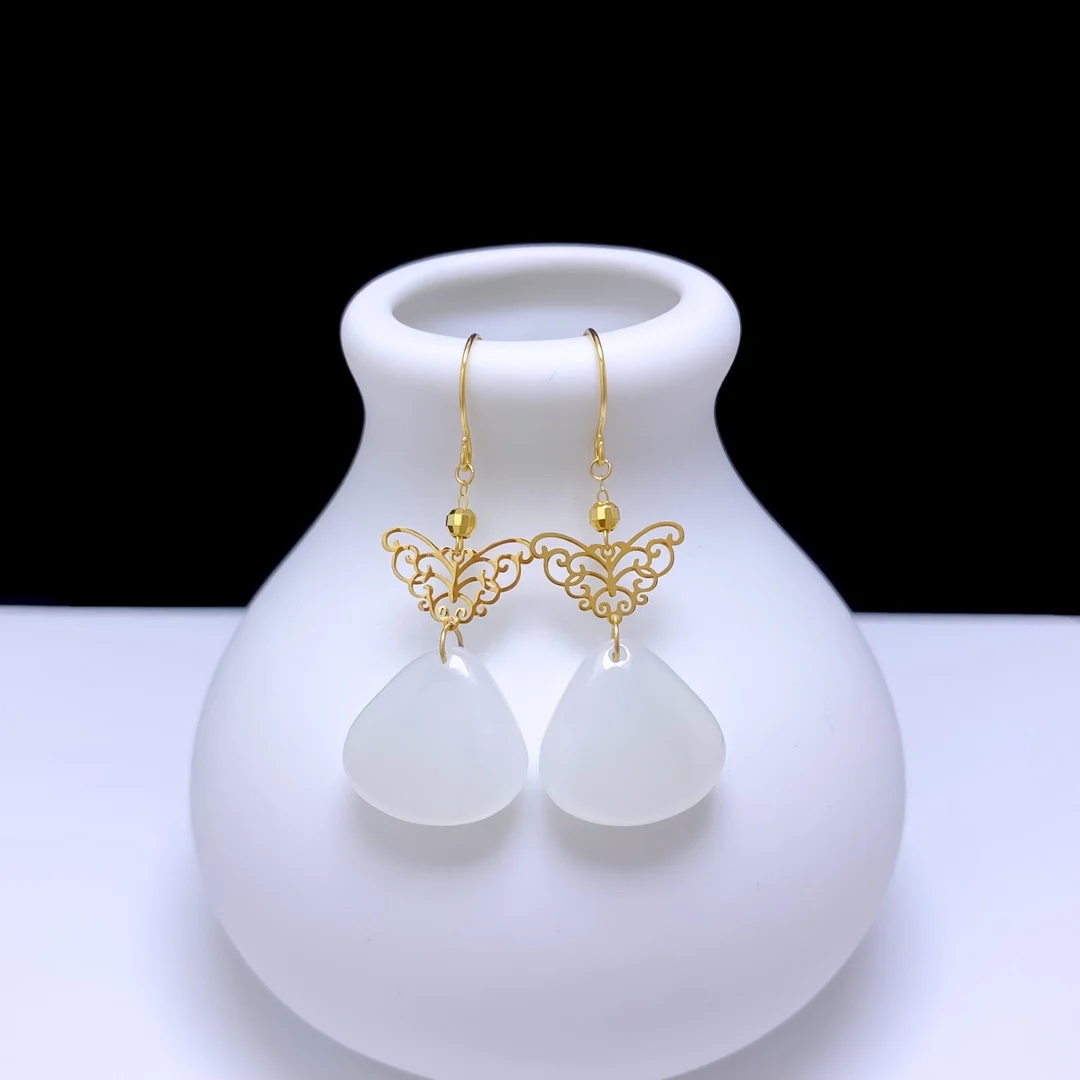 

SHILOVEM 18k yellow gold real Natural white Jasper drop earrings classic fine Jewelry women wedding gift new 14mm yze4145582hby