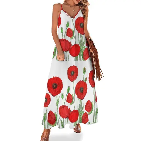 Женское платье без рукавов Irina Sztukowski, летнее платье с рисунком красного мака и цветов, Акварельный узор