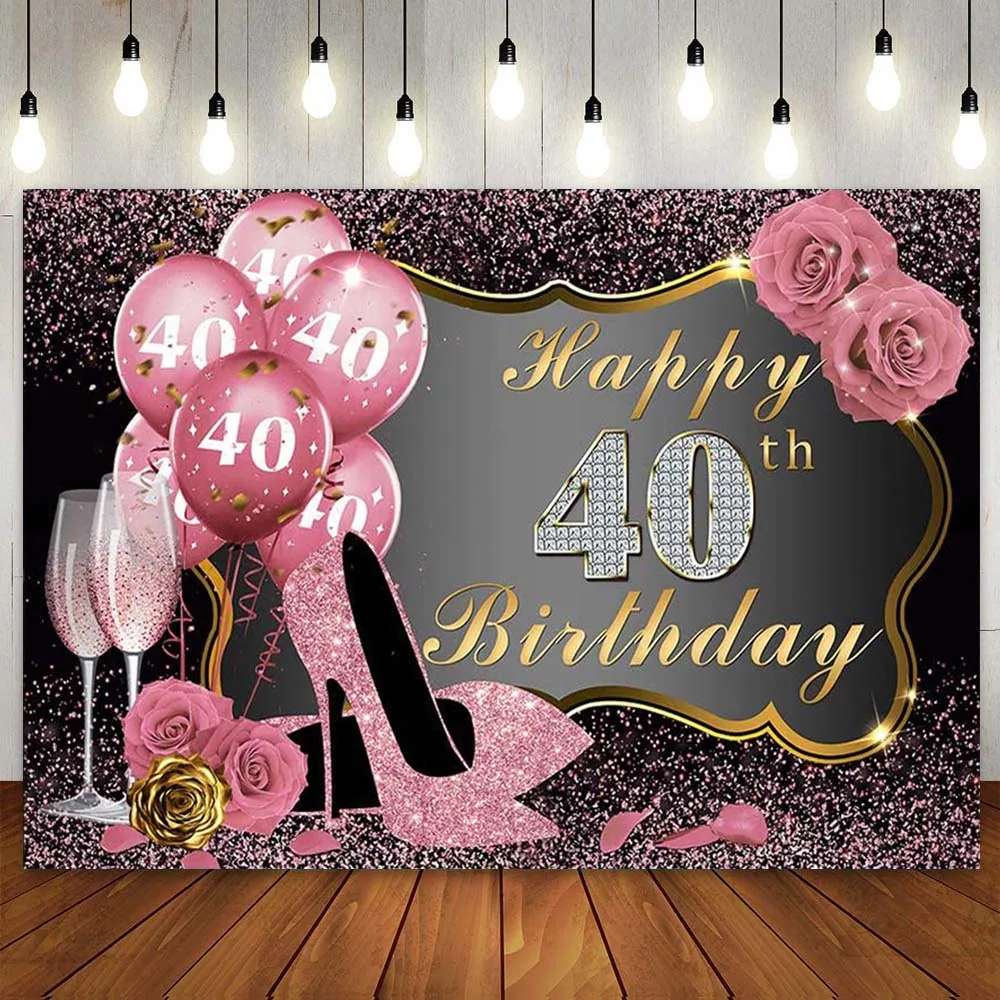 

Happy 40th Birthday Backdrops Party Banner Pink Rose Gold Flowers for Woman 40 Years Forty Bday Background Diamond High Heels