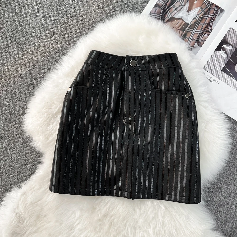 

Spicy Girl Pu Skirts High Waist Striped Jupe Mini Mujer Faldas Zipper Fly Leather Skirt Black Casual Women Clothes Dropshipping