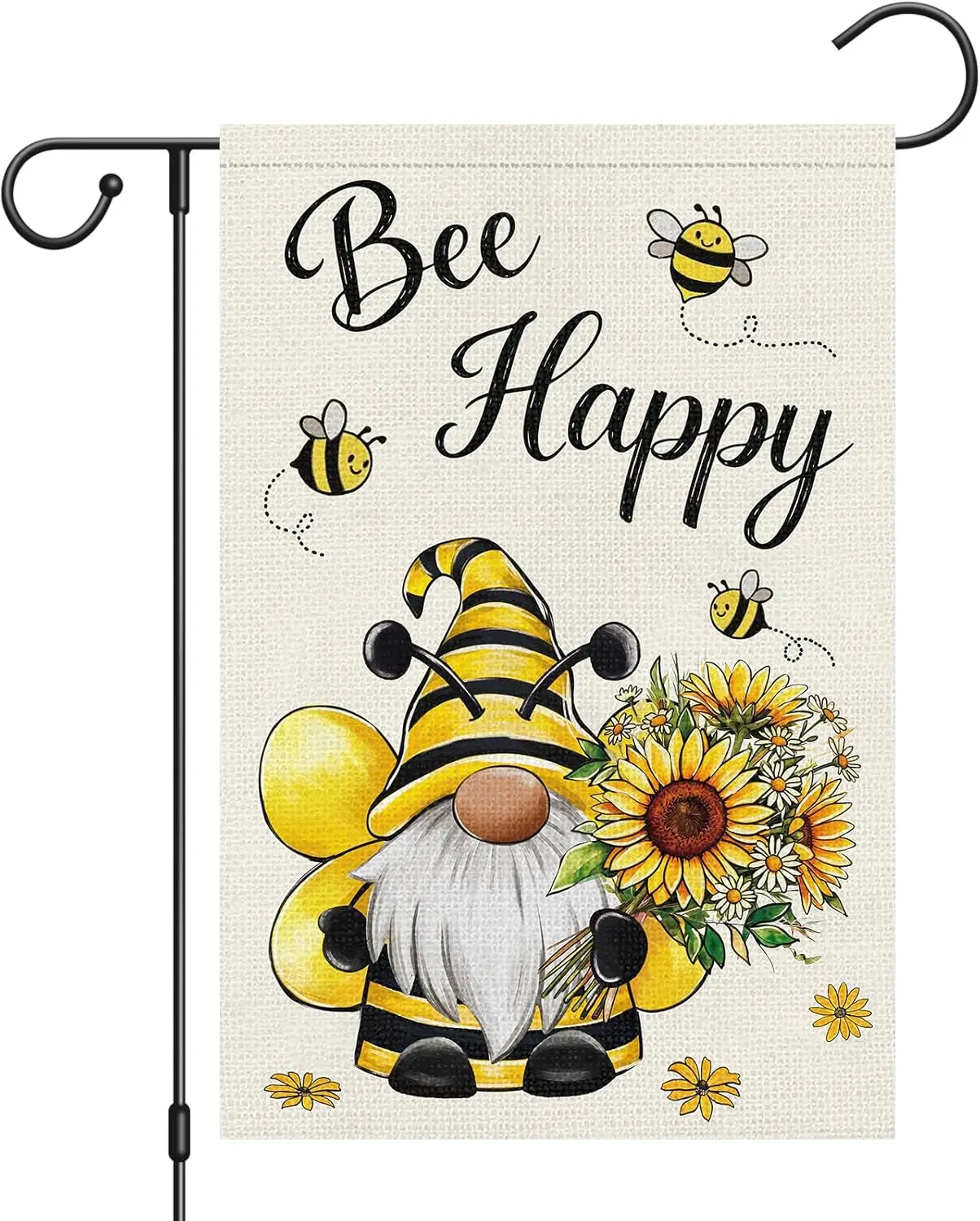 Фото Флаг для сада Heyfibro Bee Happy Gnome 12x18, двусторонний, из мешковины, с изображением гнома в костюме пчелы и подсолнухов, для весны и лета, для двора №1