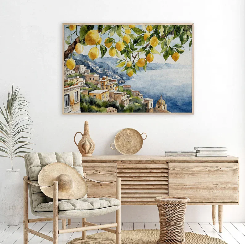 Ретро итальянский Positano Капри Амальфи Лимонное дерево БЕРЕГОВОЕ городское пейзаж