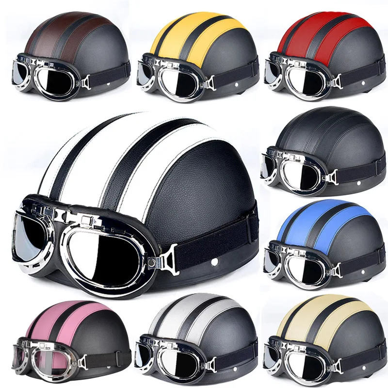 

Motorcycle Scooter Open Face Half Leather Helmet Motorcycle Helmet with Visor UV Goggles Retro Vintage Style Motocross Helmet