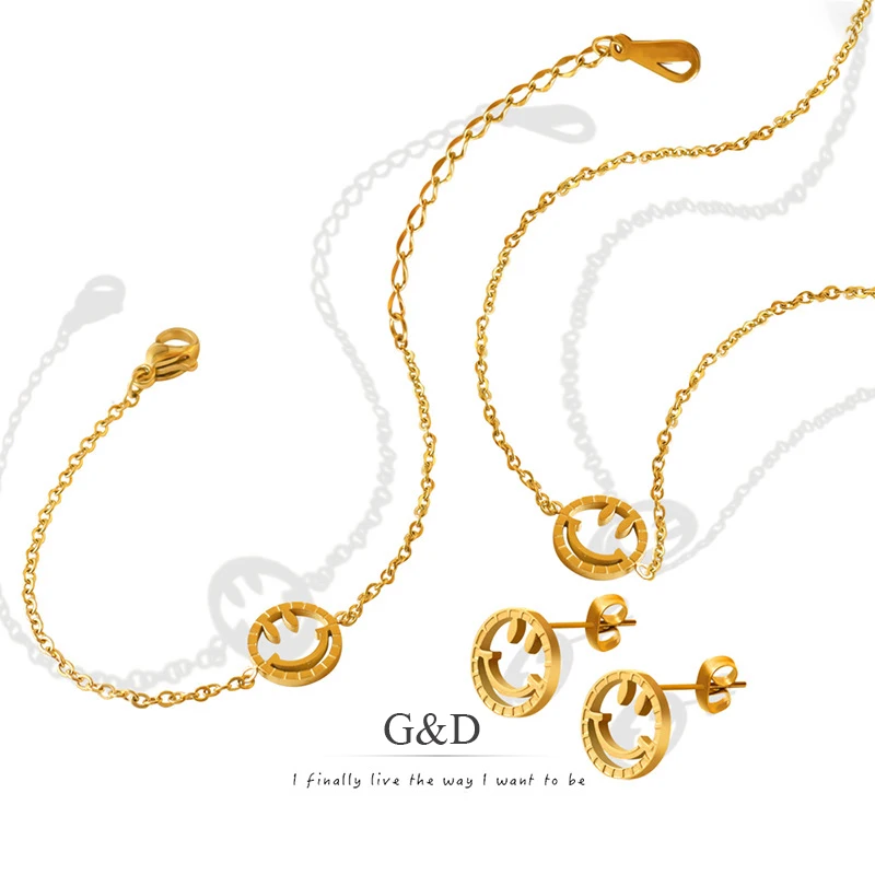 

G&D 2pcs/Set Fashion Happy Smiley Face Charm Necklace/Earrings/Bracelet Cute Smile Pendant Gold Color Jewelry Set for Women Gift