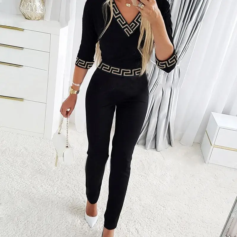 

Geo Trim V-Neck Long Sleeve Jumpsuit Women Autumn High Waist Slim Pencil Pants Spliced Printing Fashion