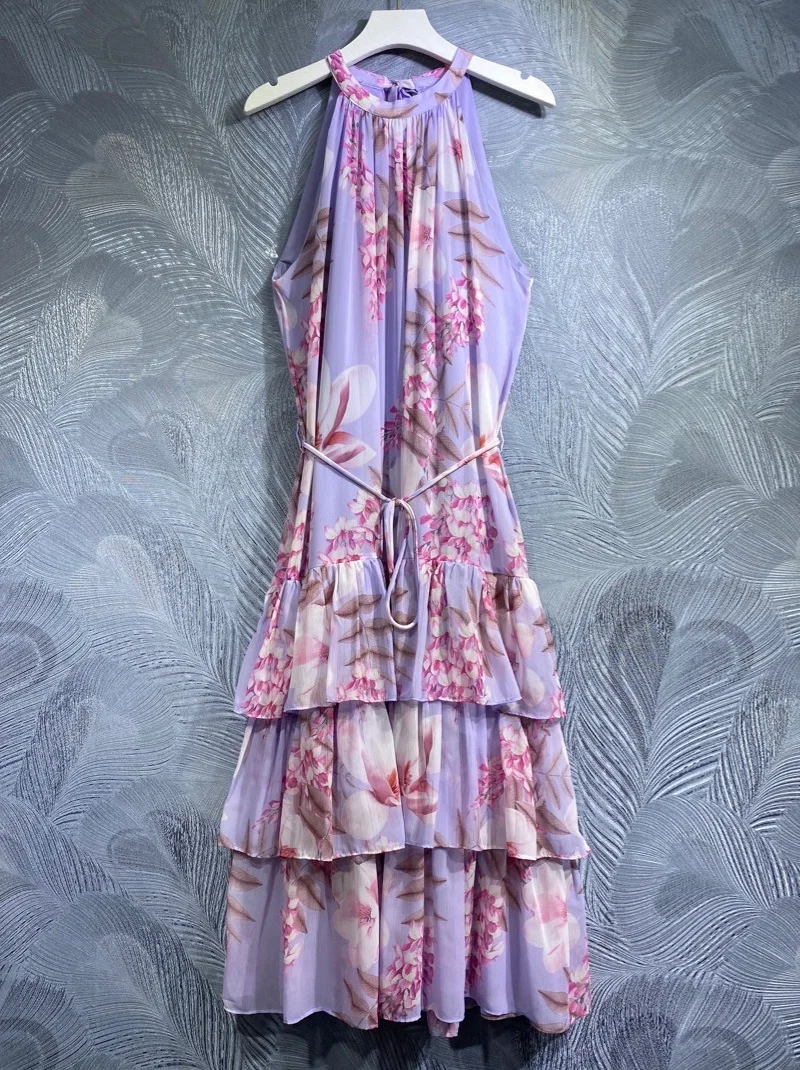 

Женское платье без рукавов, фиолетовое платье до середины икры с каскадными оборками и цветочным принтом, лето 2023