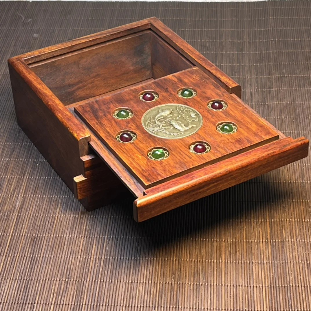 

Collect Exquisite Hand-carved Huanghuali Wood Carving and Inlaid Gemstone Square Box Handicraft Home Decoration#3